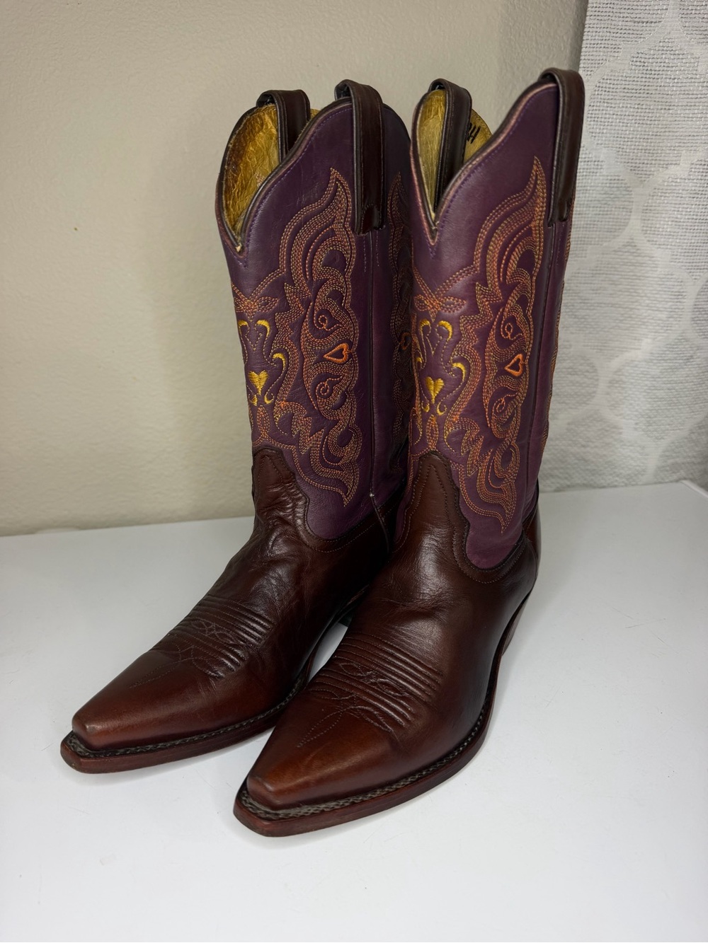 Tony Lama Brown Foot with Purple Embroidered Shaft Cowboy Boots